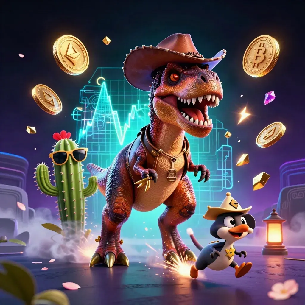Cowboy T-Rex trio amid neon coins, lightning, and cyber treasure in a cyan-lit casino scene.