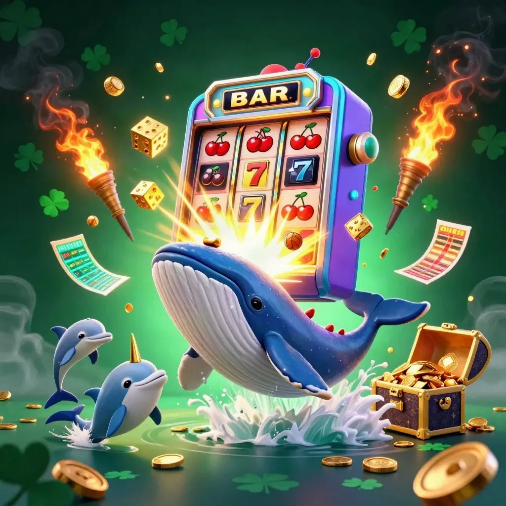 Captain whale, narwhal, and dolphins burst from coins beside a slot machine jackpot.