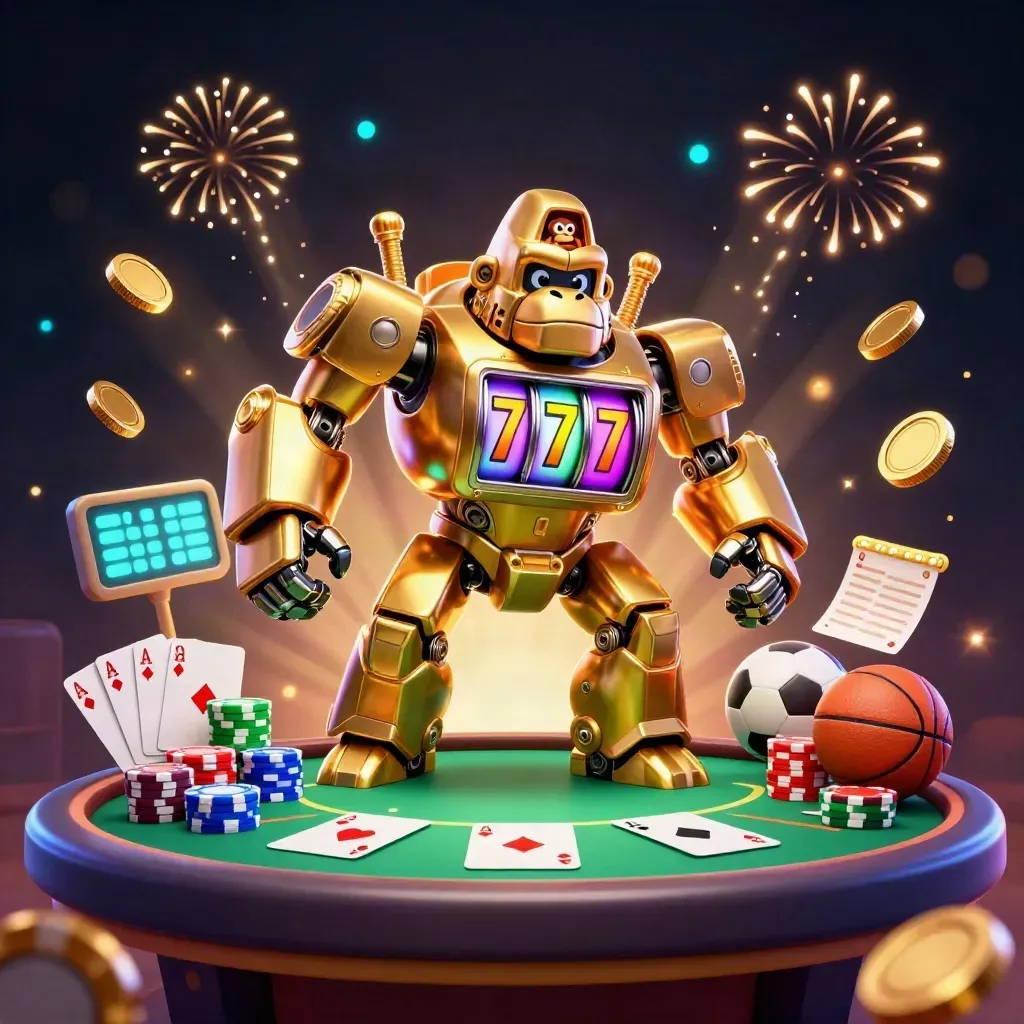 Golden gorilla mech with monkey pilot, chips, cards and sports props in a neon casino blast