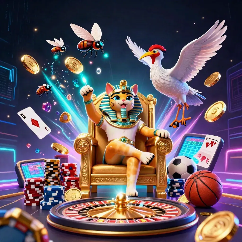 Neon Egyptian casino art with pharaoh cat, ibis scribe, scarabs, coins, chips, cards, and fireworks.