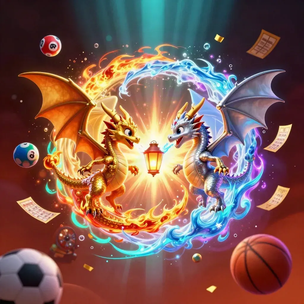 Gold and silver dragons in a neon treasure blast with casino props, coins, fireworks, and light trails.