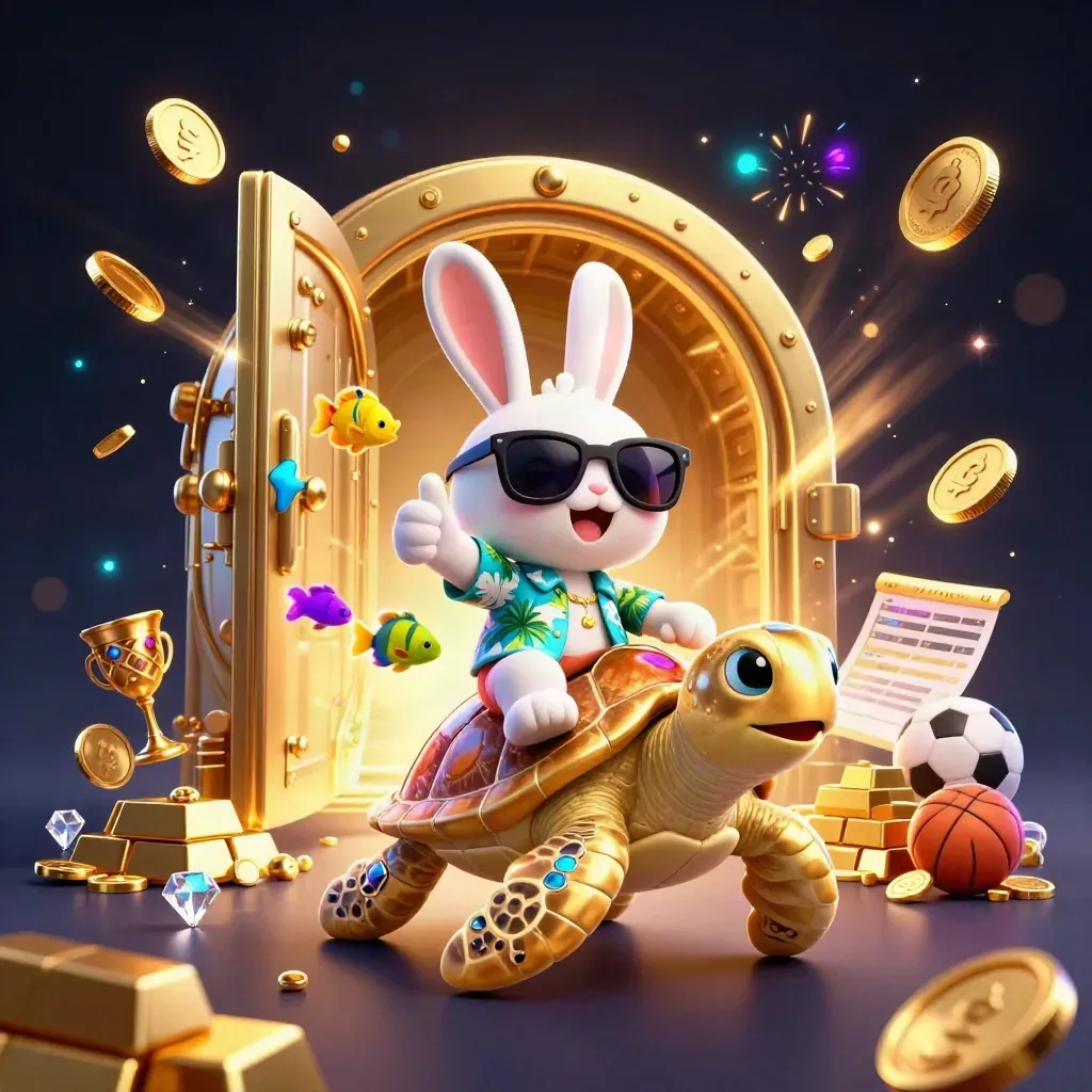Lucky rabbit on a golden sea turtle amid coins, gems, vault burst and fireworks.