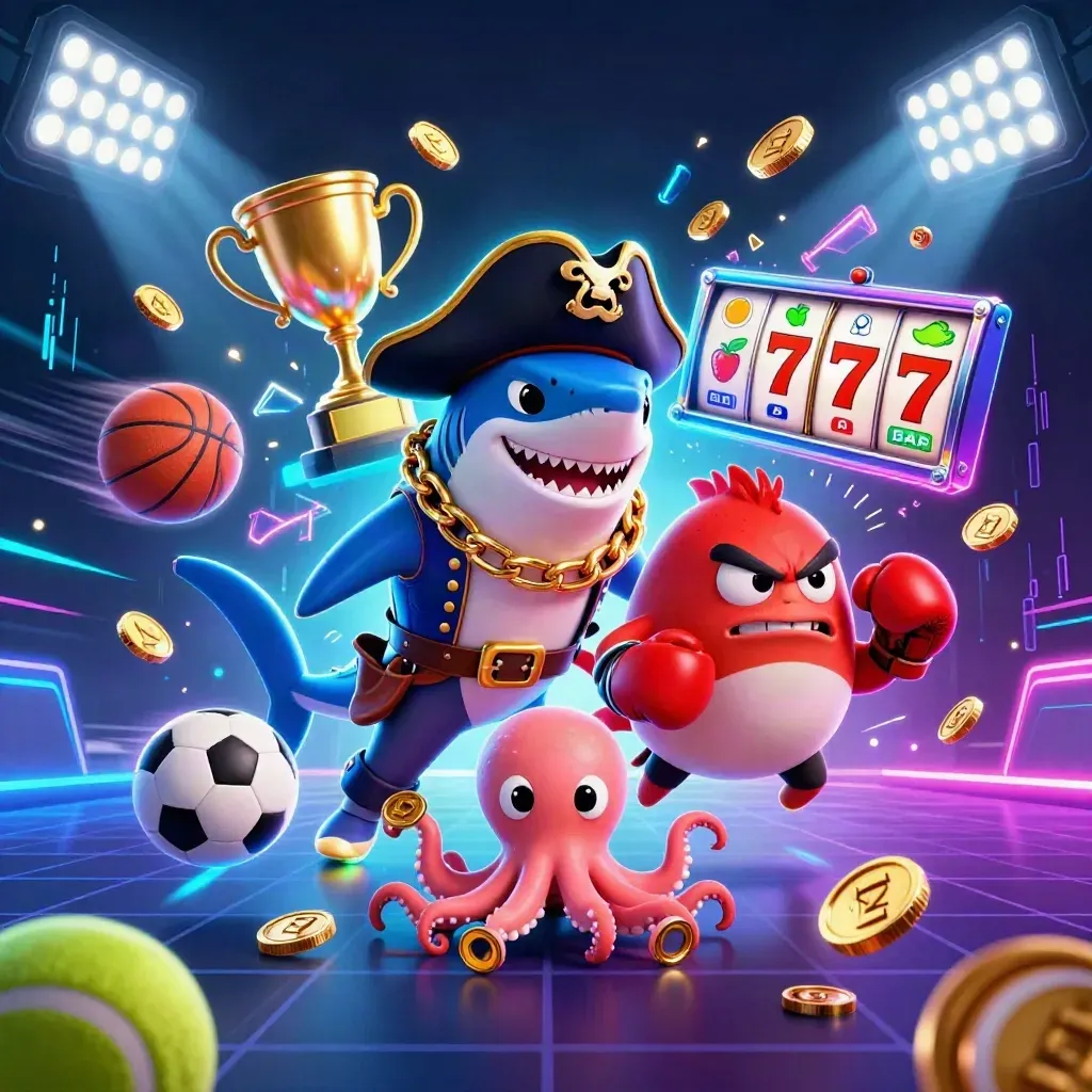 Shark pirate, red pufferfish, and baby octopus amid casino lights, coins, and sports balls.