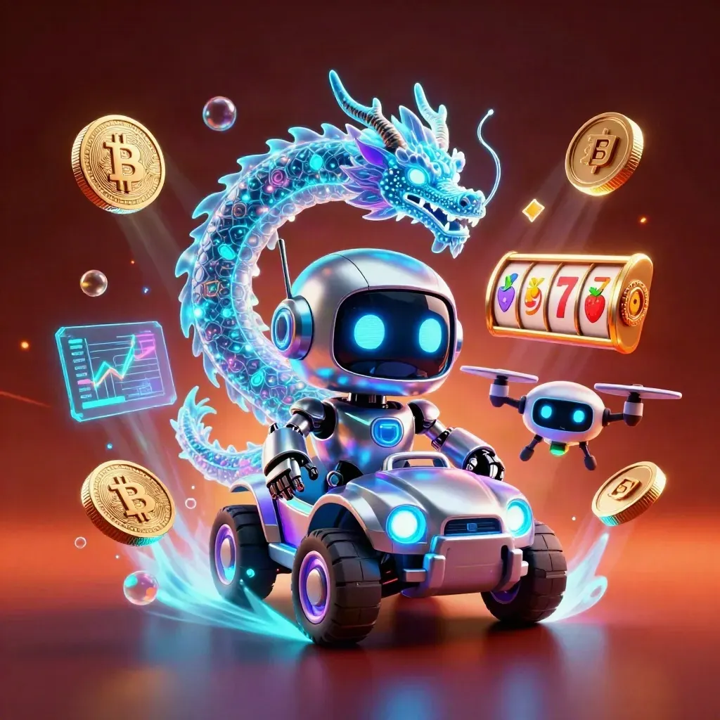 Cyberpunk robot, holographic dragon and coin drone amid casino coins, reels and lightning.