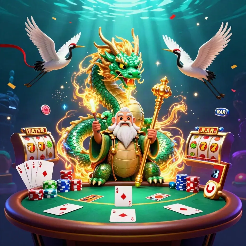 Jade dragon, turtle sage, and cranes amid casino reels, chips, aces, and neon magic