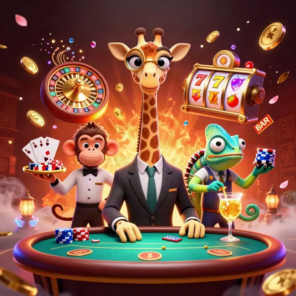 Giraffe gambler, monkey valet, and chameleon bartender in a glowing casino splash scene