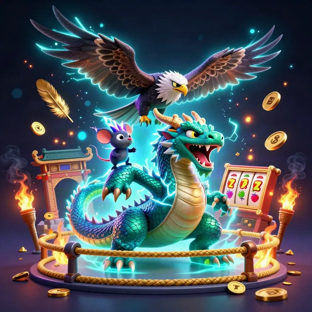 Thunder dragon, wind hawk, and static mouse amid casino reels and temple gate glow.
