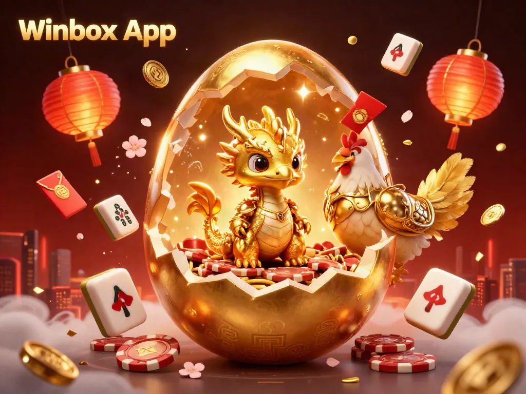 Experience the Winbox App with a vibrant 3D illustration of a golden dragon amid casino riches.