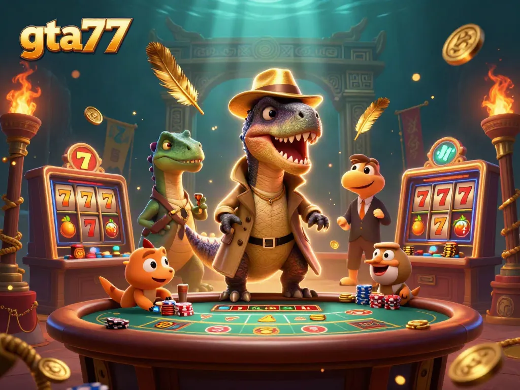 Aktivitas permainan slot gacor di gta77 dengan velociraptor dan pit boss dinosaurus yang unik.