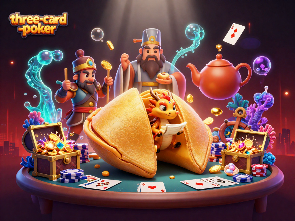 Experience three-card-poker with engaging scenes of poker tables, dynamic cards, and a lively atmosphere.