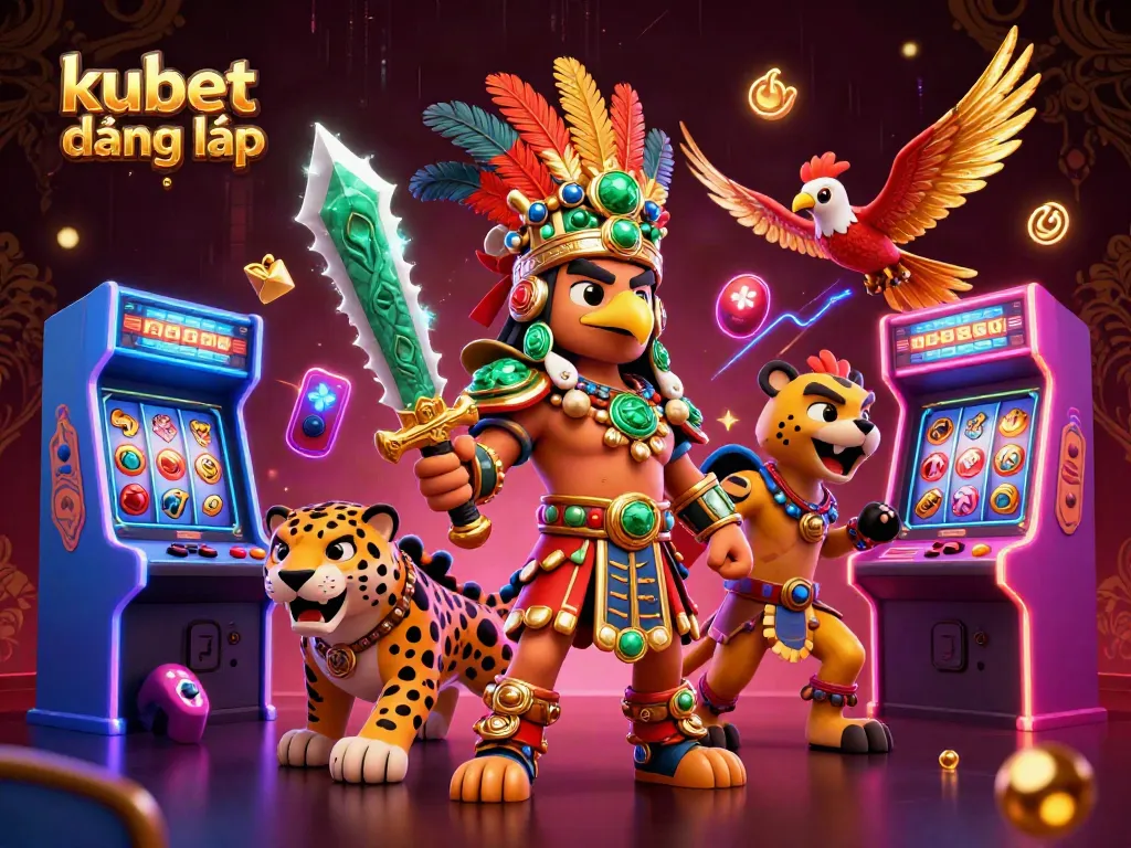 Bring luck with kubet đăng nhập, featuring a vibrant casino scene with Aztec warriors and glowing slot machines.