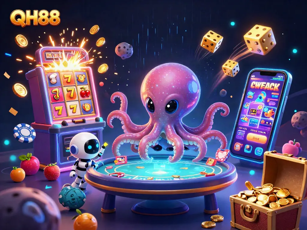 Engage with QH88's vibrant online casino scene featuring a galactic octopus and thrilling gaming elements.
