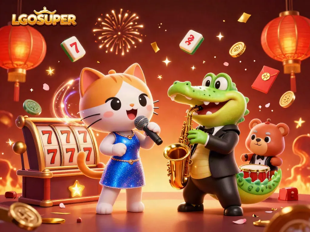 Experience winning excitement with LGOSUPER's vibrant casino scene featuring playful characters.