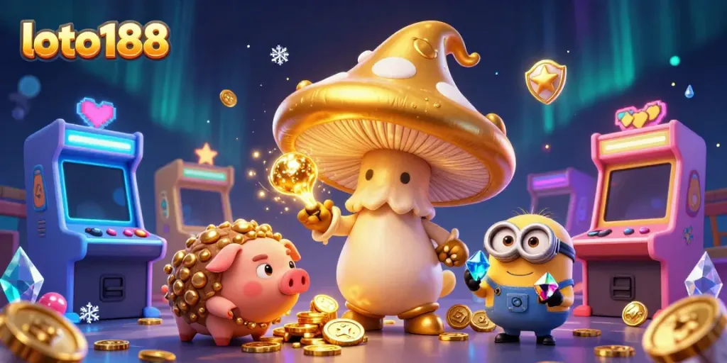 Experience the magic of loto188 with golden wizard and treasure-hunting pig in a vibrant gaming paradise.