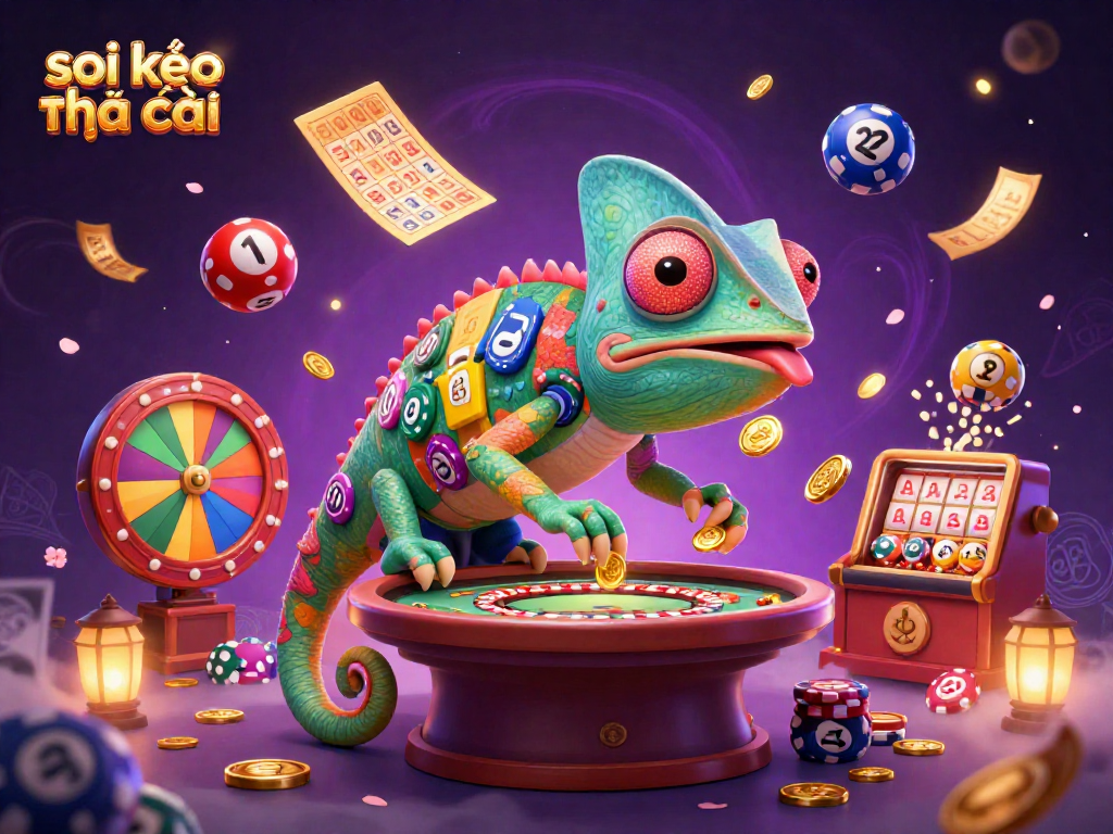 Engage with soi kèo nhà cái in a vibrant, colorful casino scene featuring a lively chameleon and dynamic game elements.