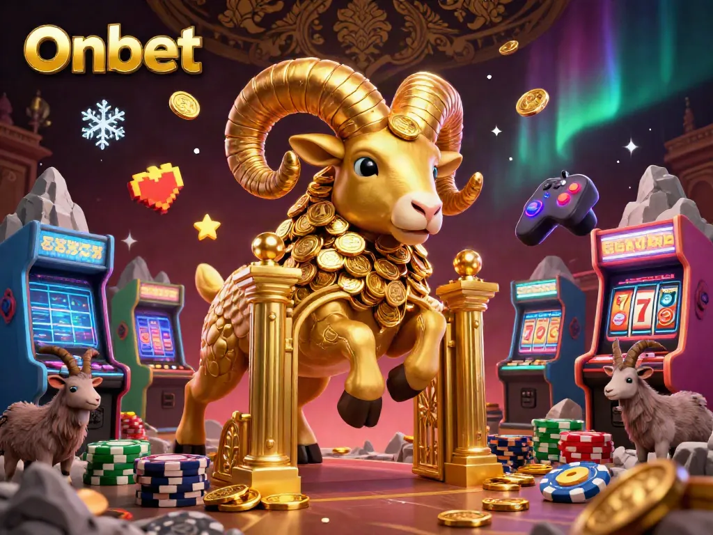 Onbet offers a dynamic casino experience featuring a golden ram amidst vibrant game elements for thrill-seeking gamblers.
