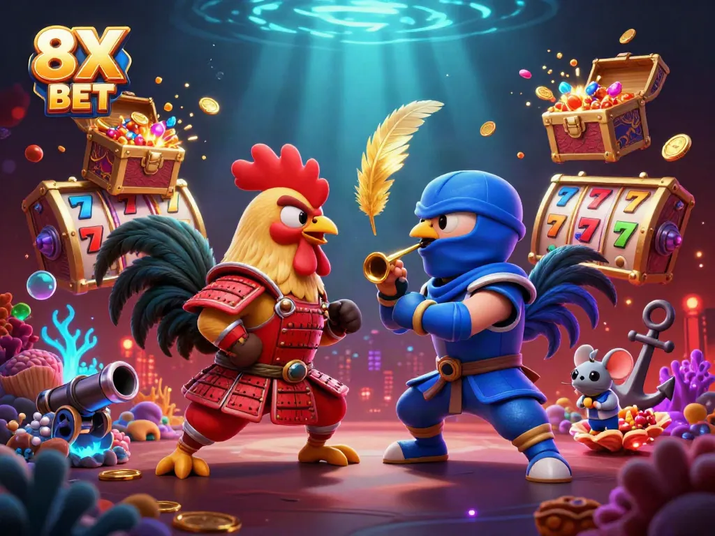 Engage in thrilling 8X BET gameplay with dynamic fighting roosters and vibrant casino elements.