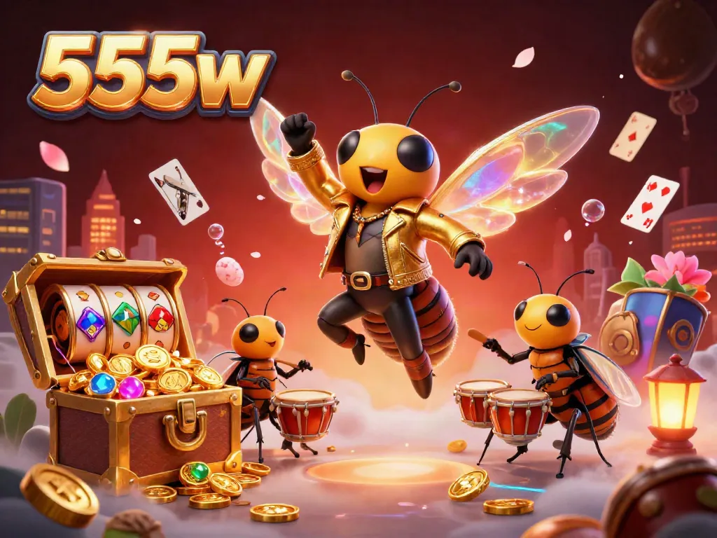 Experience exhilarating slot action with 555w in a vibrant casino illustration featuring a rock star and gaming elements.