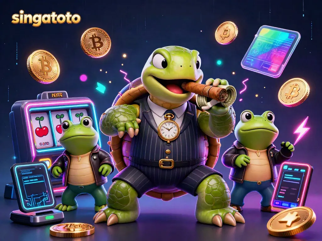 Experience the thrill of singatoto with a dynamic casino scene featuring a snapping turtle mobster and slot reels.