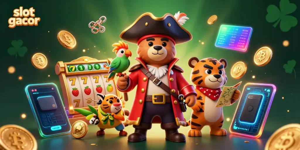 Sensasi taruhan slot gacor dengan gambar kartun 3D beruang kapten bajak laut dan teman singa sambil memegang peta harta karun