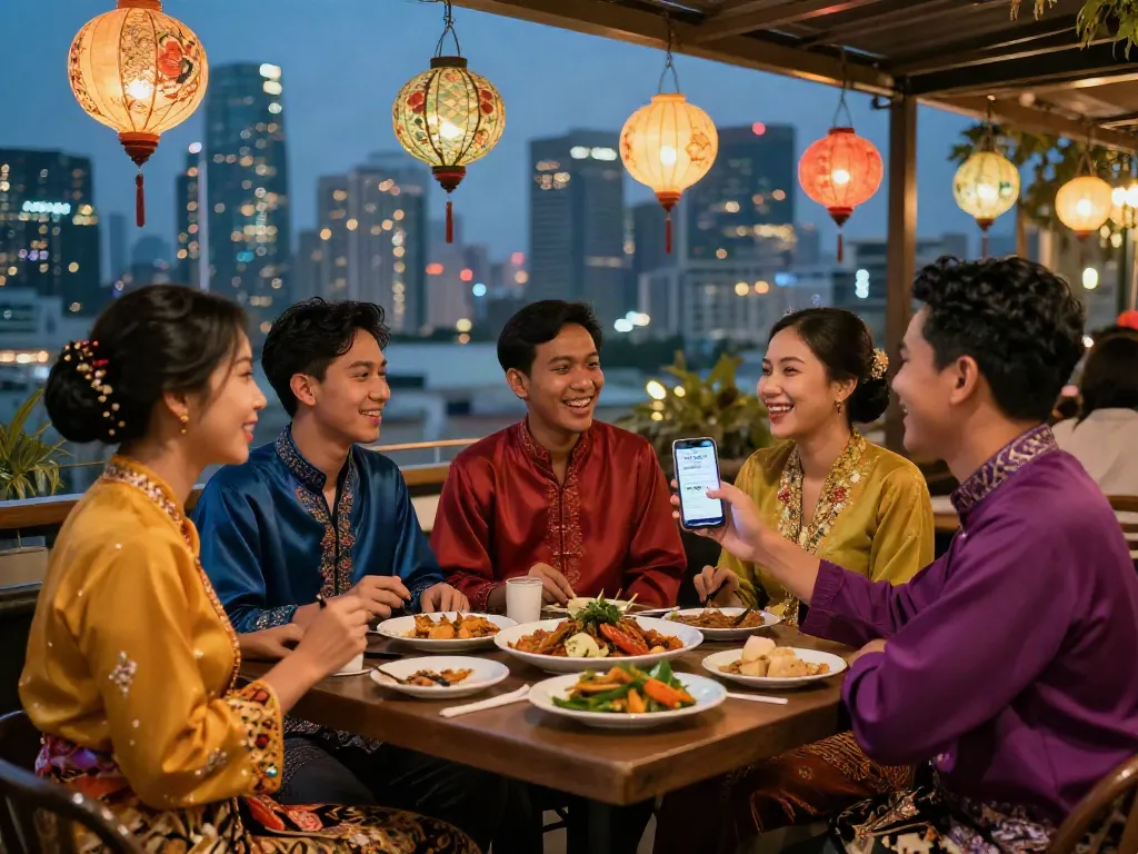 Nyonya 4D cultural celebration with friends in traditional attire enjoying Peranakan dishes at rooftop bar
