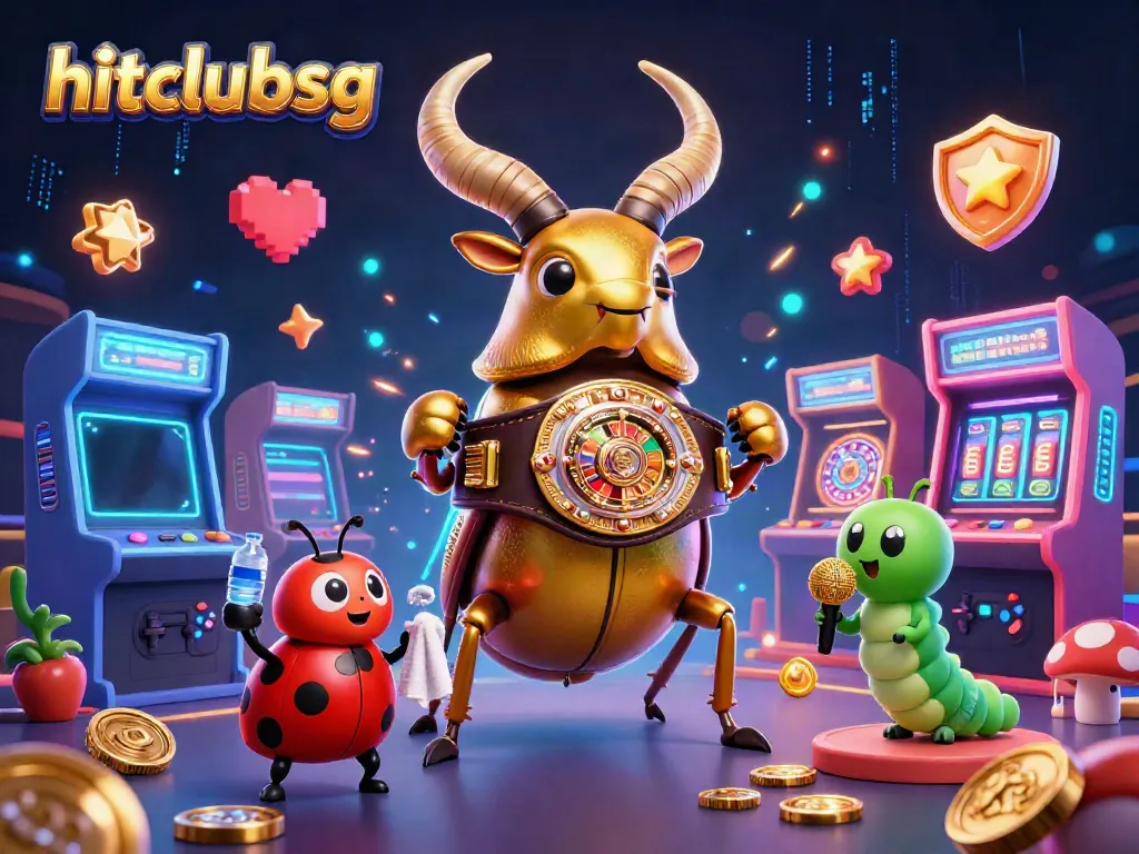 Experience the thrill of hitclubsg as the golden stag beetle enters the casino ring amidst vibrant gaming elements.
