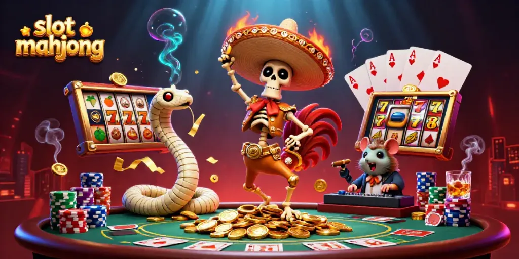 Slot mahjong menghadirkan skeleton mariachi dan snake mummy dalam suasana kasino yang semarak.