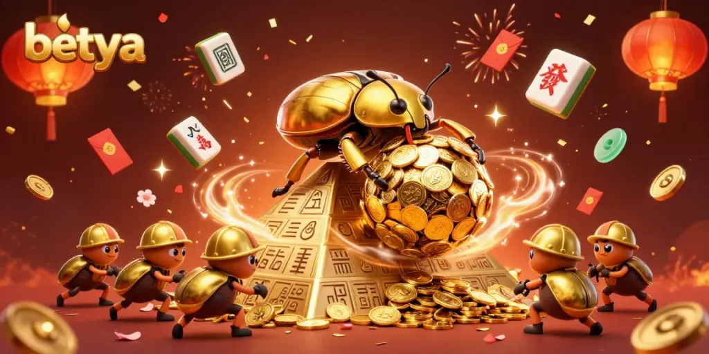 Experience betya's vibrant casino adventure with golden beetles and festive elements.