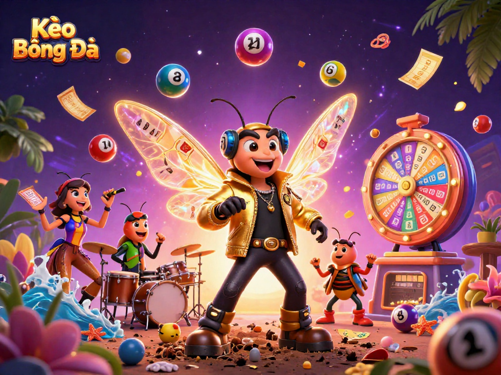 Kèo Bóng Đá showcases a vibrant 3D scene filled with energetic gambling elements and characters.