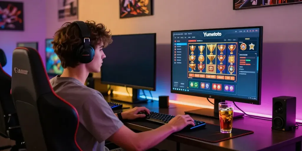 Youthful gamer enjoying Yumetoto online slot games in a modern gaming lounge.