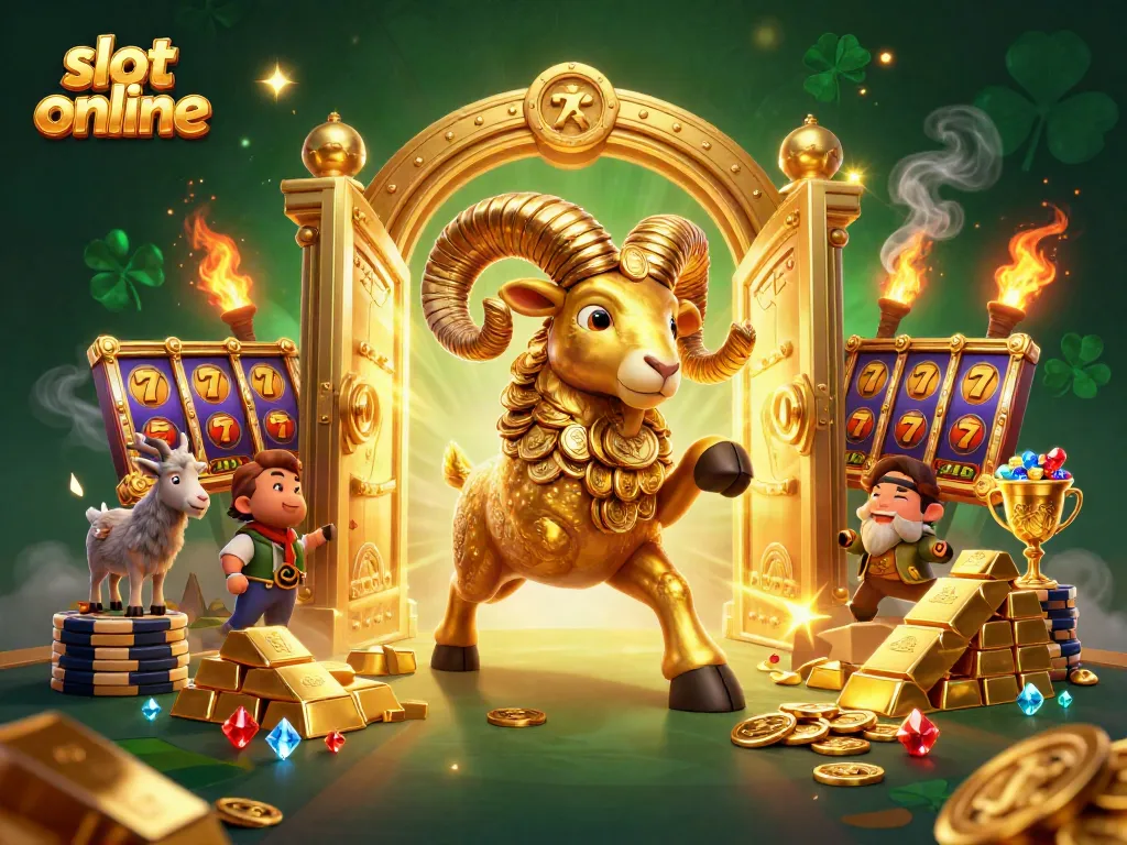 Spin to win with slot online adventures featuring a golden ram and treasures in a vibrant casino scene.
