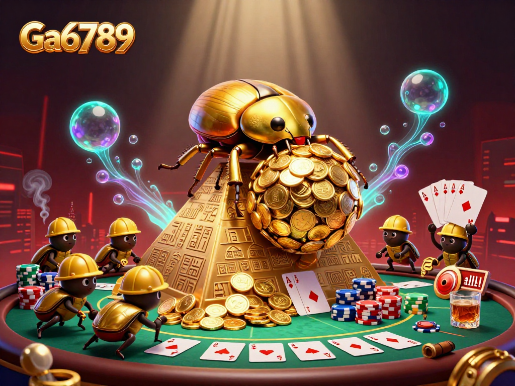 Engage with Ga6789 as a golden beetle rolls coins amidst vibrant casino elements.