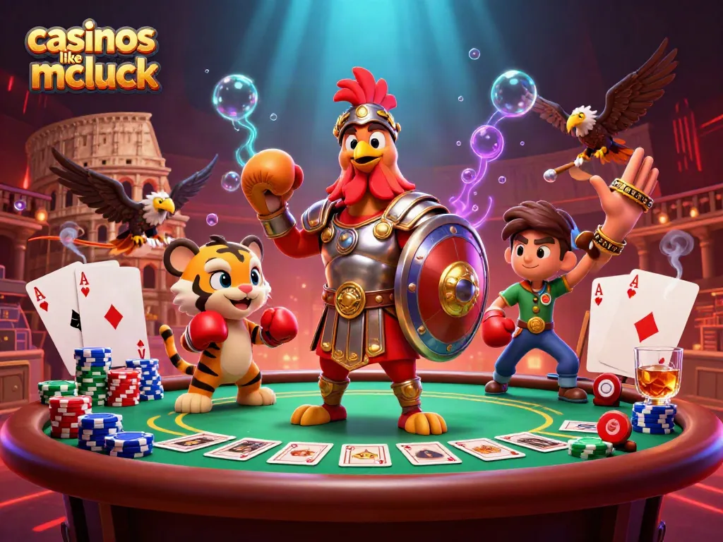 Experience the vibrant action at casinos like McLuck with this thrilling poker scene featuring a gladiator rooster and tiger cub.