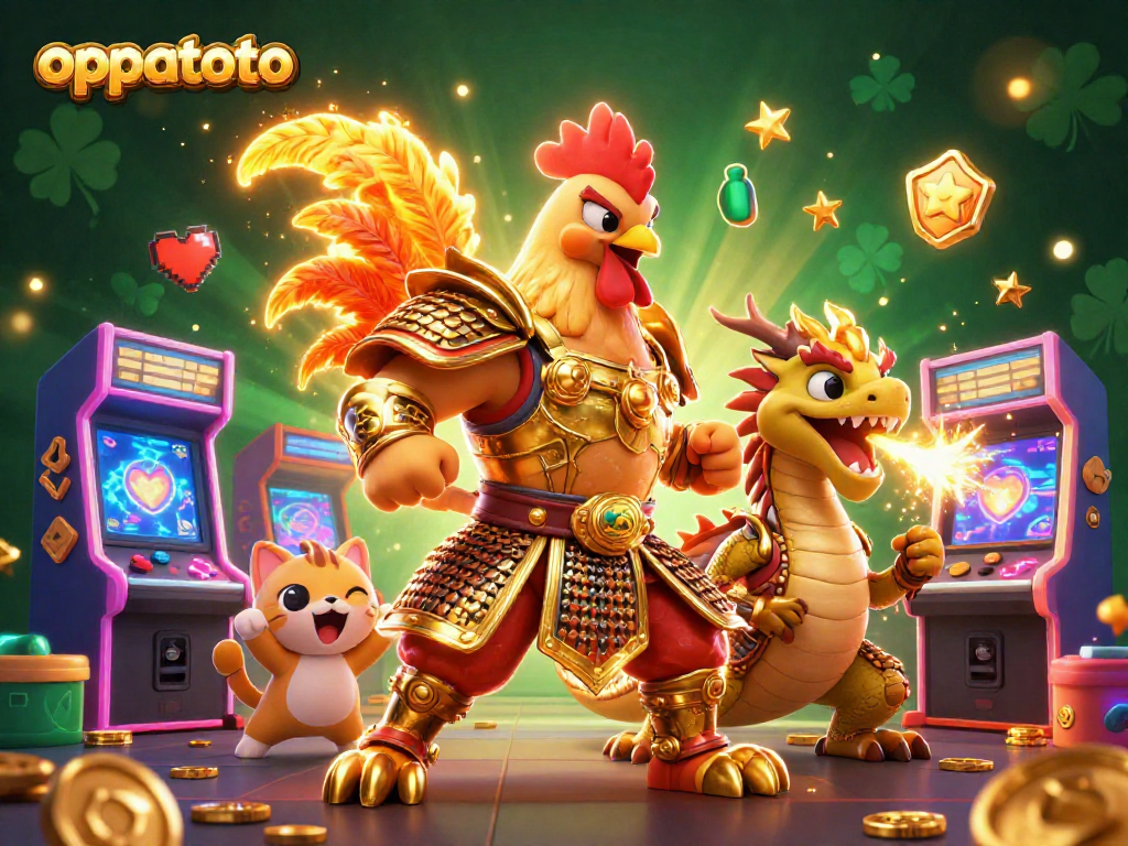 Engage with oppatoto’s vibrant 3D scene showcasing a fighting rooster warrior and dragon in a casino atmosphere.