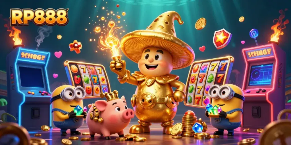 Experience the thrilling gaming magic of RP888 with vibrant slot reels and golden treasures