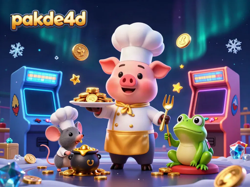 Experience pakde4d's vibrant cartoon-style gambling scene with characters serving gold coins.