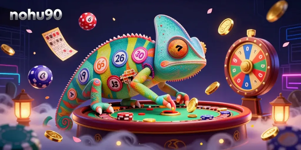 Engage in exciting gaming at nohu90 with a colorful casino-themed 3D illustration showcasing a vibrant chameleon casino owner.