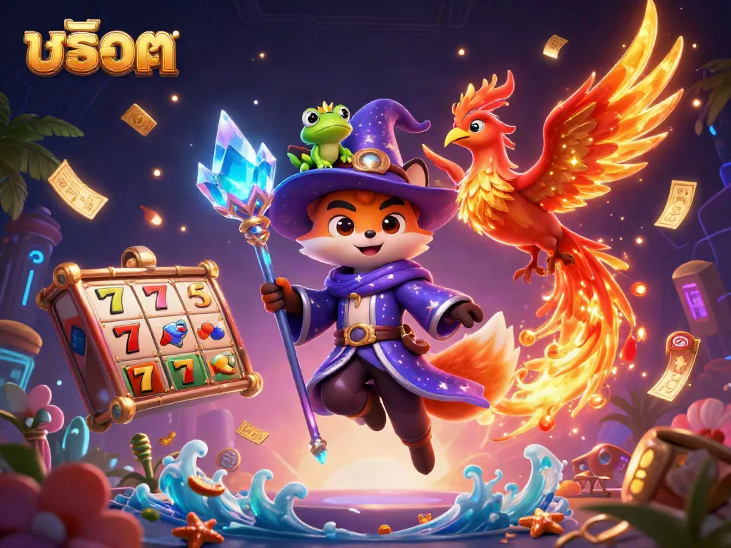 Experience สล็อต excitement with our vibrant 3D illustration bursting with joyful game elements and characters.