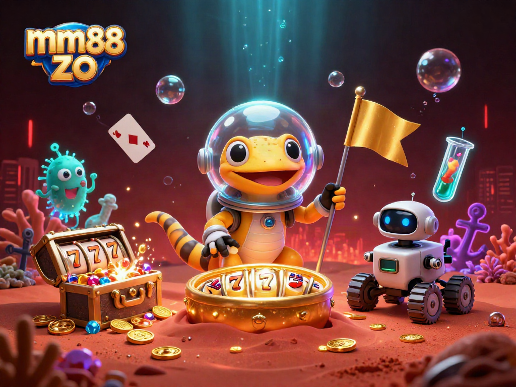 Experience the excitement of mm88 zo with a Martian gecko exploring a golden casino in outer space.