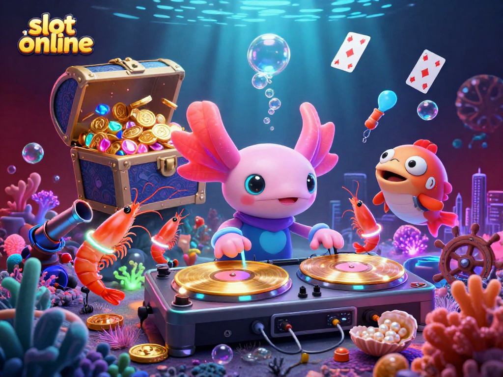 Bermain slot online yang seru dengan nuansa laut dan karakter lucu di latar belakang penuh kesenangan.