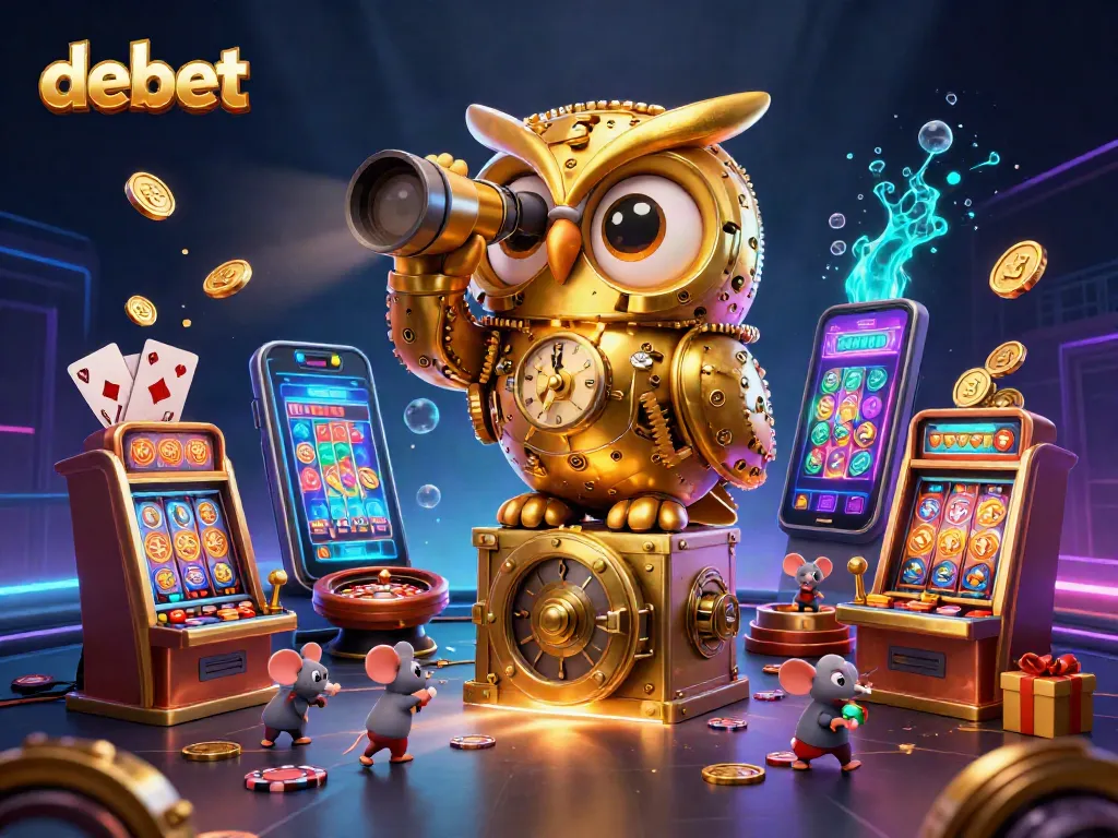 Engage with debet's vibrant casino scene filled with golden coins, slot games, and lively characters.