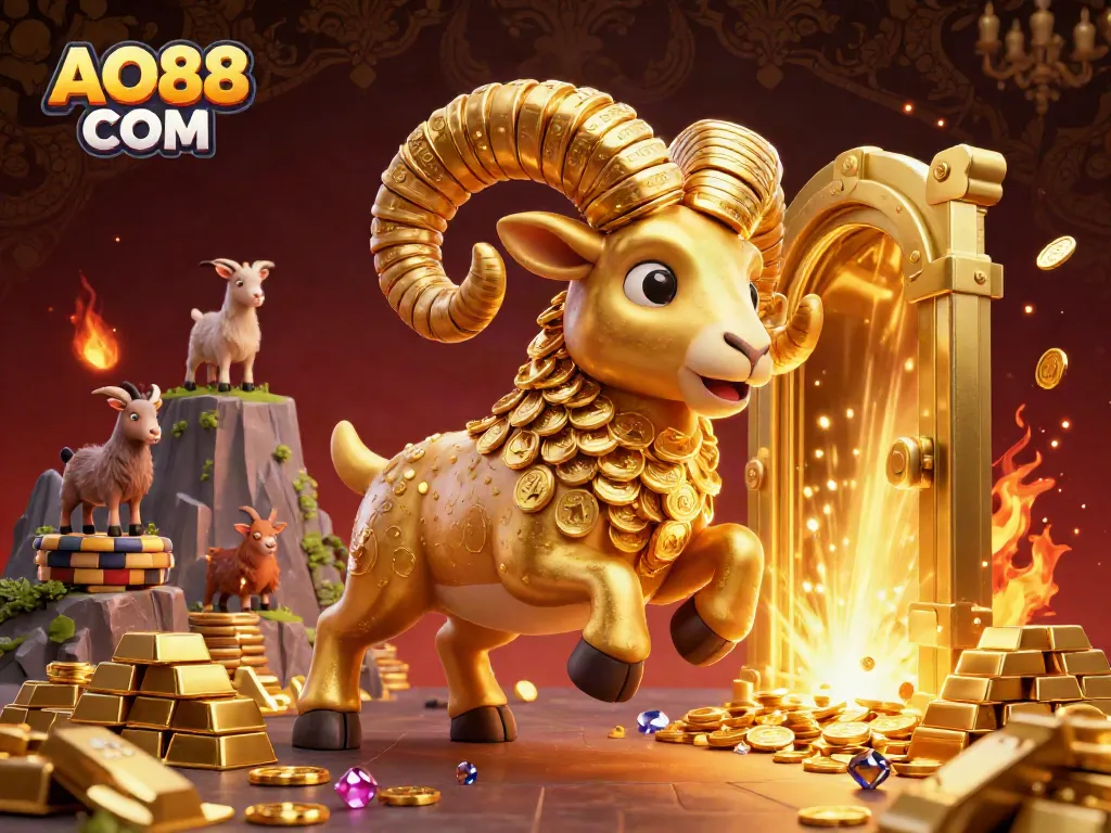 Experience the excitement of AO88 COM with a charging golden ram amidst treasures and vibrant gems.