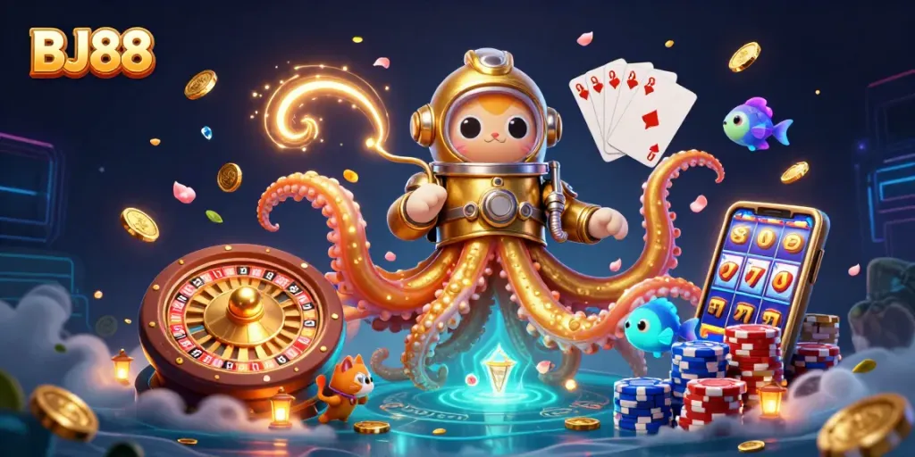 Experience the thrill of BJ88 Casino with dynamic gaming, gold coins, and rich underwater characters.