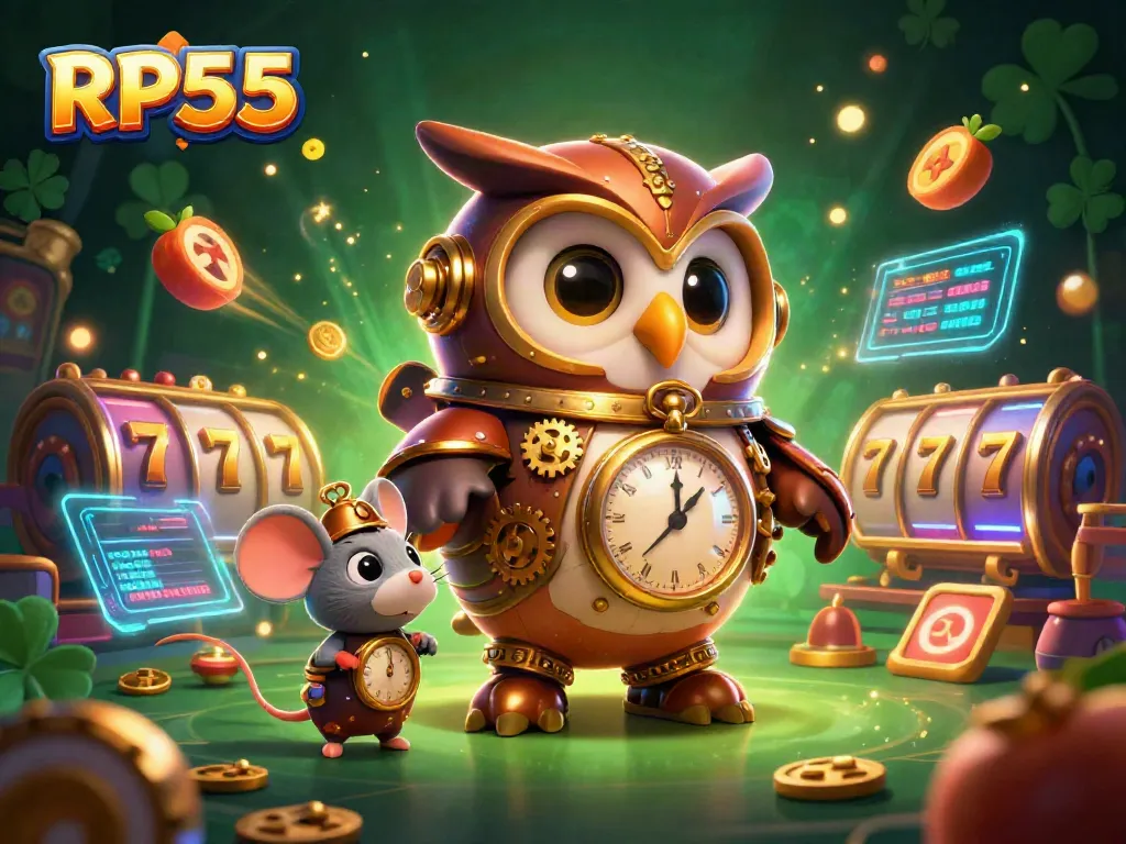 Engage with the exciting world of RP55 through a vibrant 3D casino illustration featuring an owl and mouse surrounded by slot machine elements.