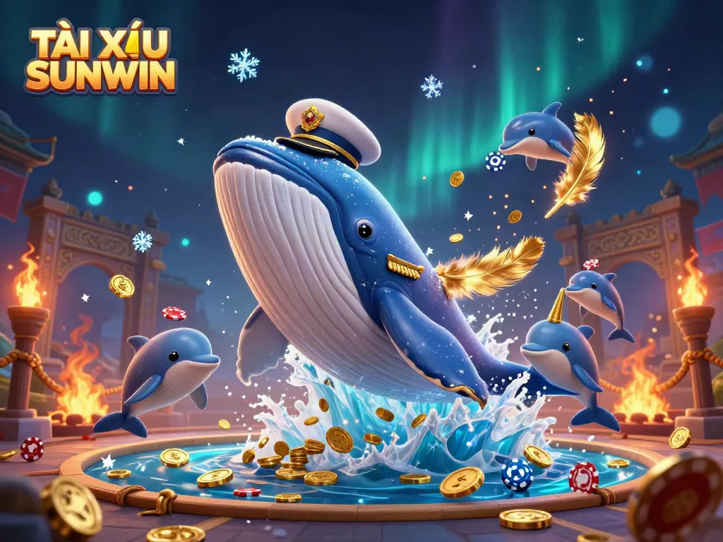 TÀI XỈU SUNWIN showcases a vibrant underwater scene with a cartoon whale, narwhal, and dolphins engaging in playful gambling activities.