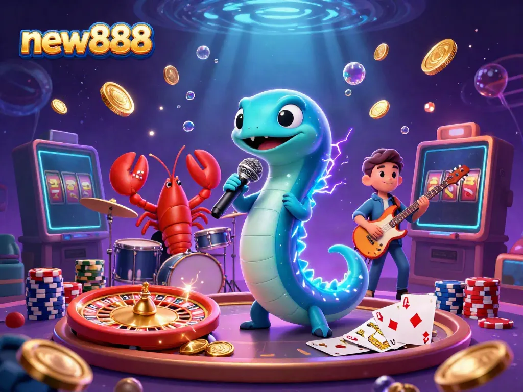 Engage with the vibrant underwater casino scene featuring new888's cartoon electric eel DJ among thrilling game elements.