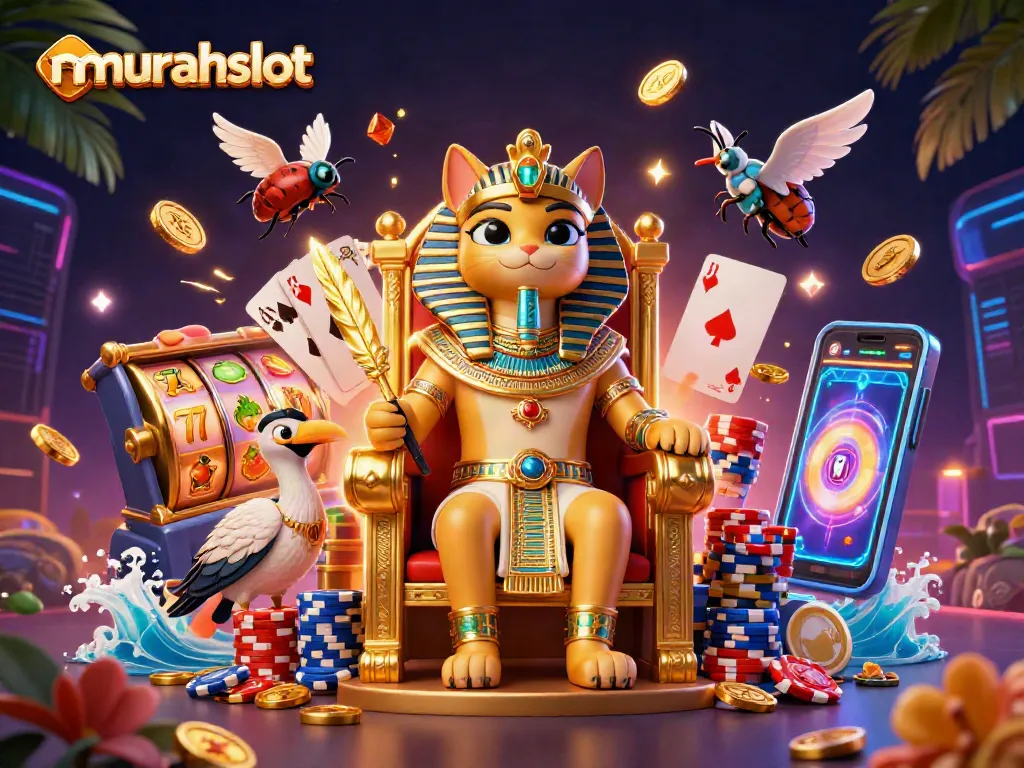 Permainan slot menarik di murahslot dengan karakter kucing firaun dan banyak elemen kasino lainnya.