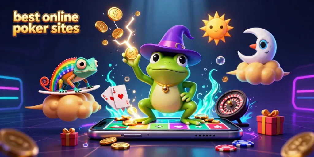 Engage with the best online poker sites in a vibrant 3D scene of poker action and excitement.