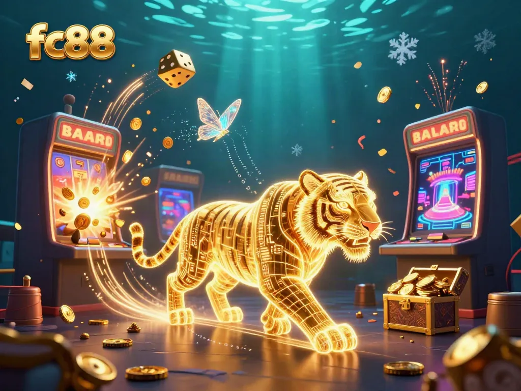 Experience the vibrant casino energy with fc88's golden tiger and slot machine jackpot attraction in this captivating illustration.