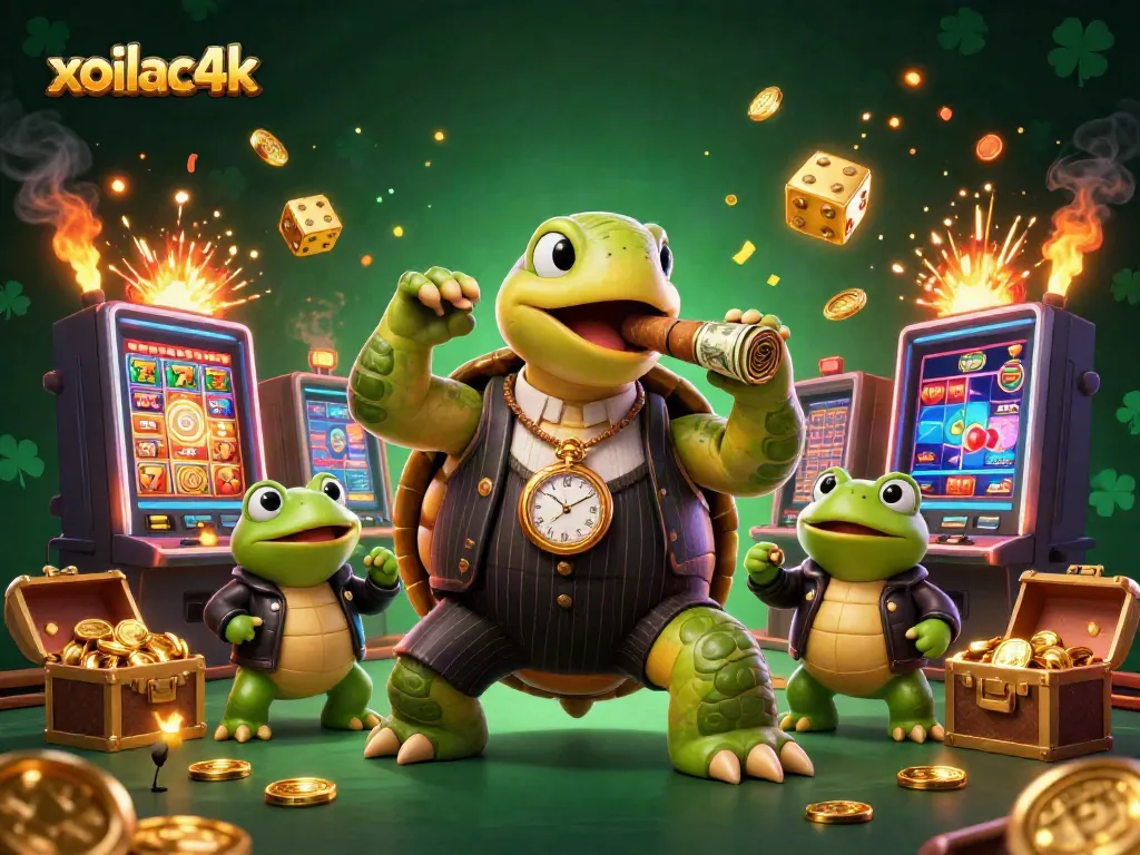 Engage with xoilac4k's thrilling slot machine wins surrounding a mobster turtle and bullfrog enforcers.